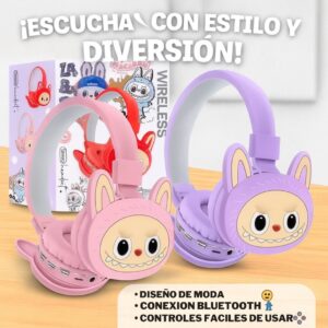 AUDIFONOS LABUBU PARA NIÑOS ROSADO Y MORADO