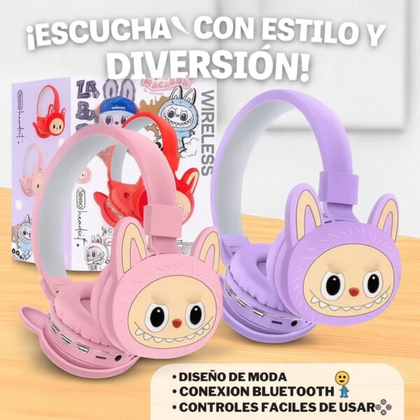 AUDIFONOS LABUBU PARA NIÑOS ROSADO Y MORADO