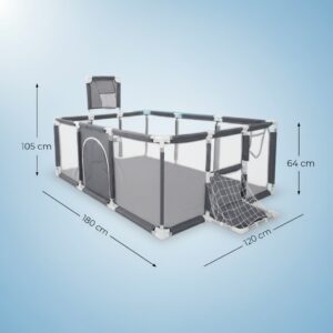 CORRAL PARA BEBE 3 EN 1 CON CANASTA Y ARCO DE FUTBOL GRIS