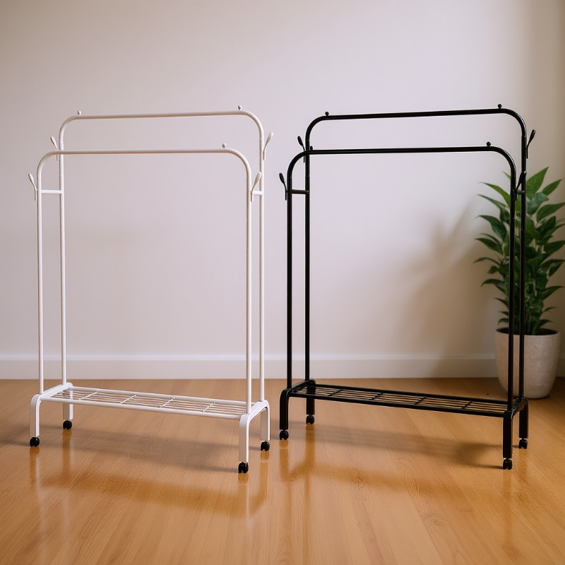 PERCHERO DOBLE CON RUEDAS BLANCO Y NEGRO